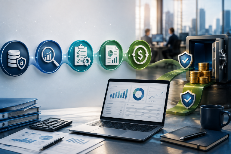 Organized blue filing folders containing financial documents in professional office setting