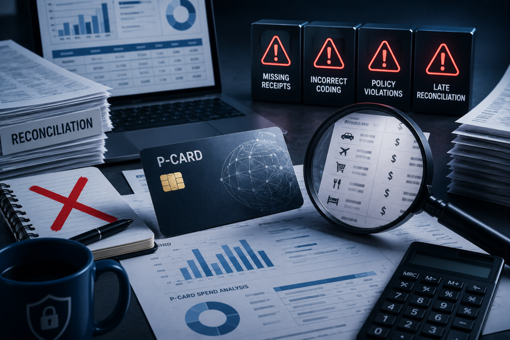 Corporate purchasing cards on desk with laptop and purchase receipts in professional office setting