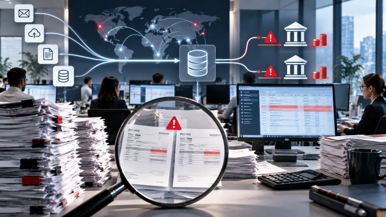Hands reviewing invoice documents at a desk with laptop and organised paperwork stacks