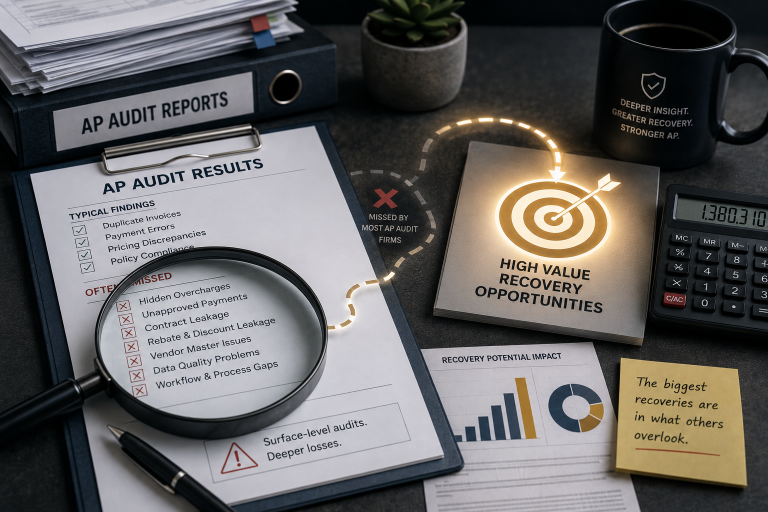 Audit checklist document with magnifying glass examining line items on office desk