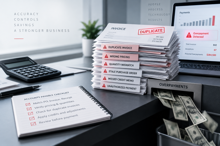 Stack of invoices with error stamp on an office desk beside calculator and pen