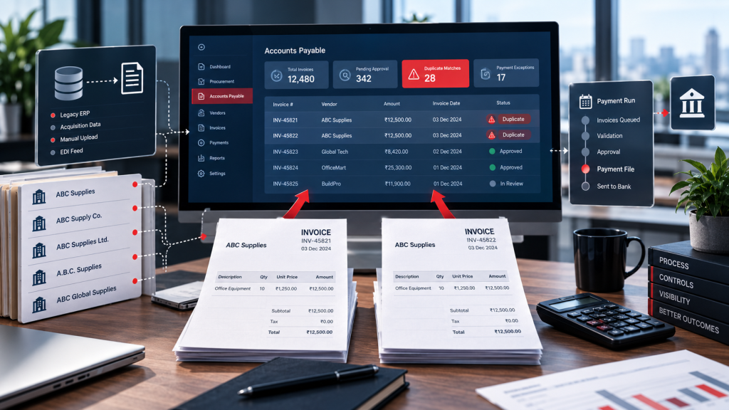 Stacked invoice documents on office desk showing parallel processing workflow