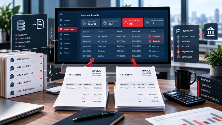 Stacked invoice documents on office desk showing parallel processing workflow