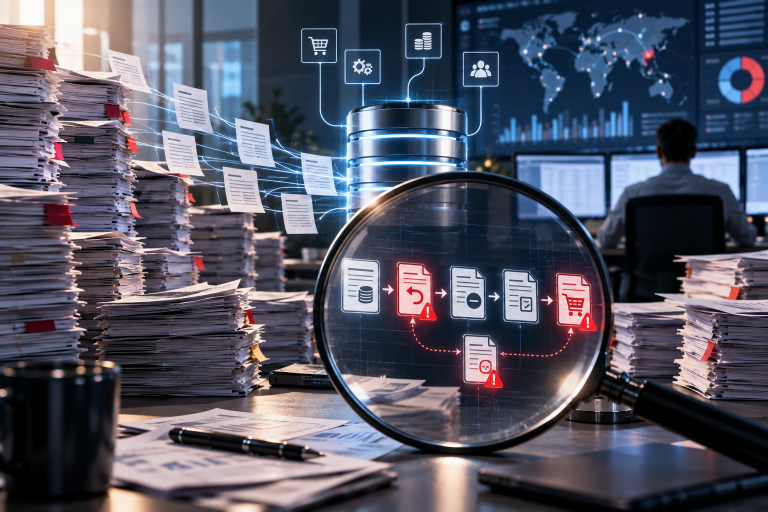Financial transaction report pages laid out on conference table showing columns of line items
