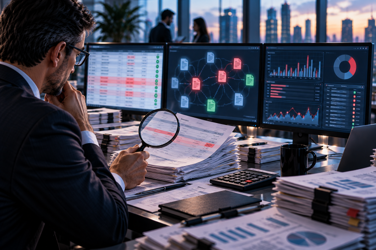 Accounts payable documents and calculator arranged on an office desk during financial review