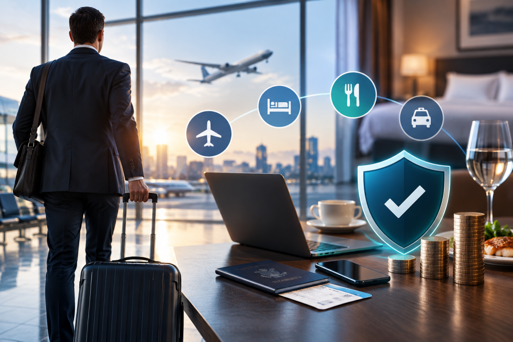 Business travel items arranged on desk including laptop and mobile phone