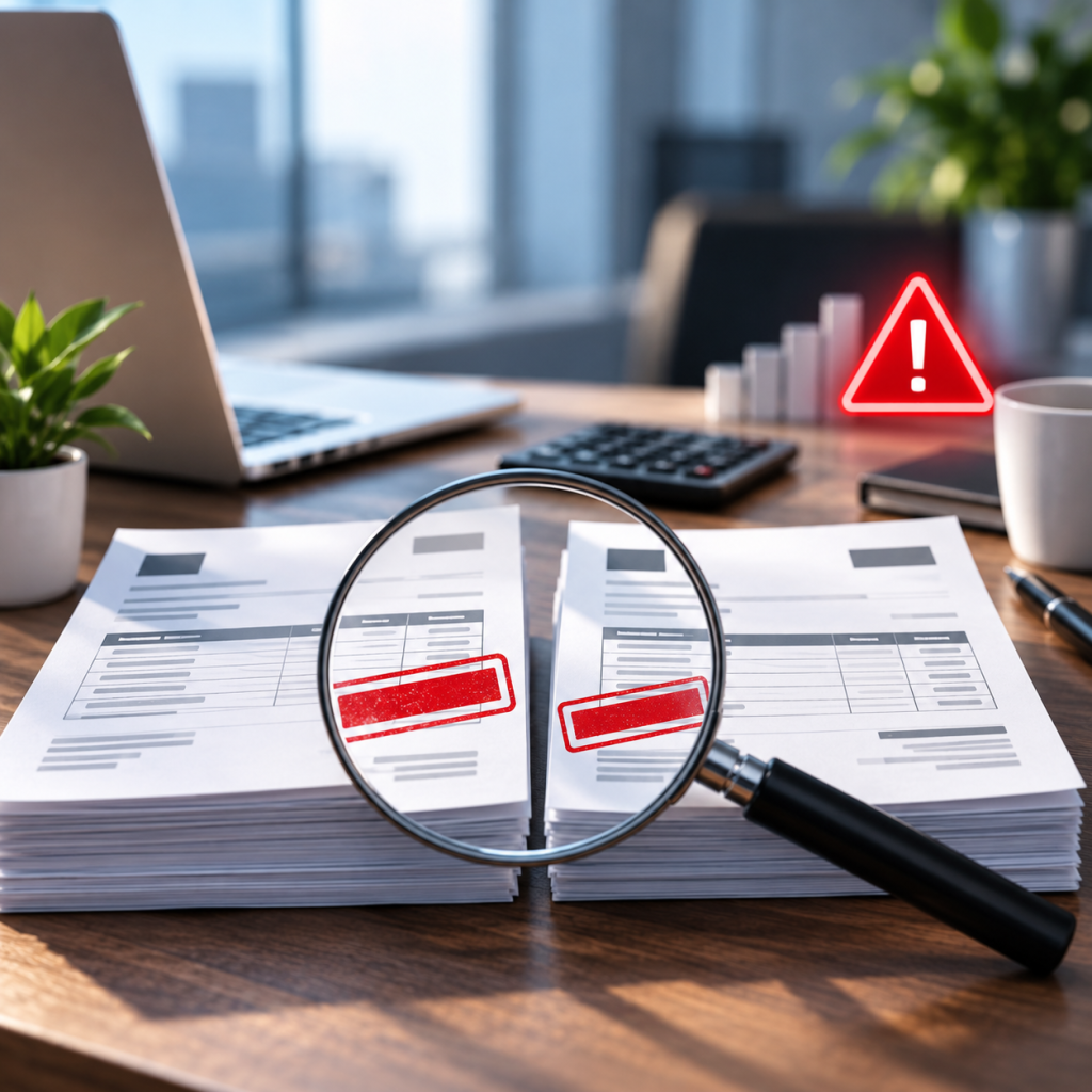 Two identical invoices placed side by side on an office desk showing duplicate payment documentation