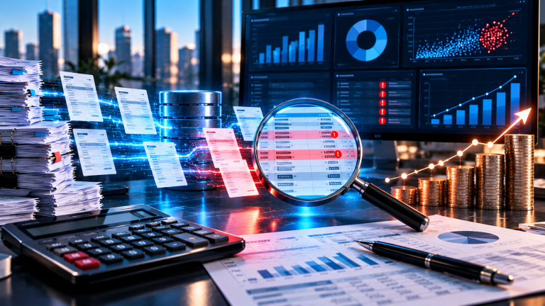 Hands reviewing invoice documents with calculator on office desk